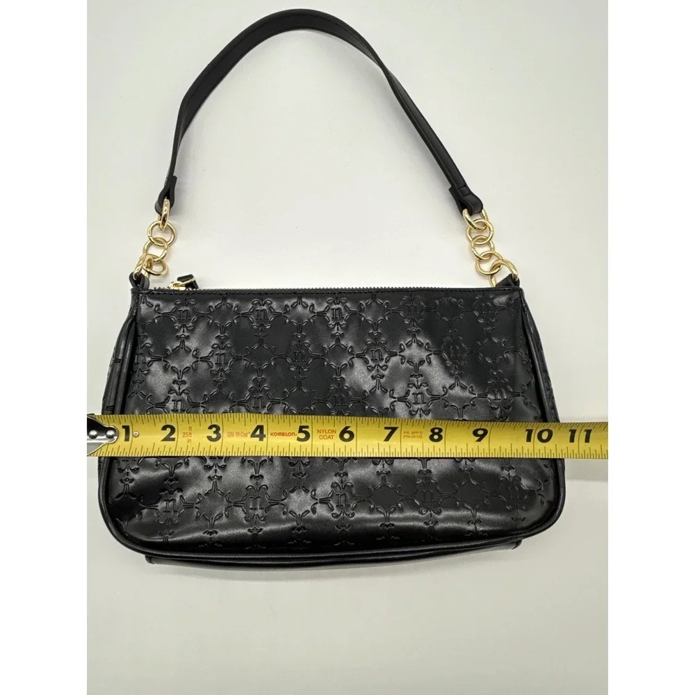 Nanette Lepore Black Embossed Logo Shoulder Bag Gold Chain Baguette Purse